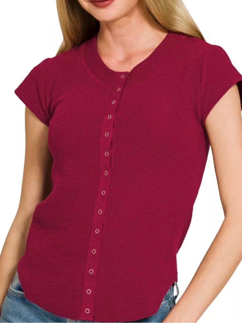 Zenana Outfitters Beige Short Sleeve Button-Up Textured Top